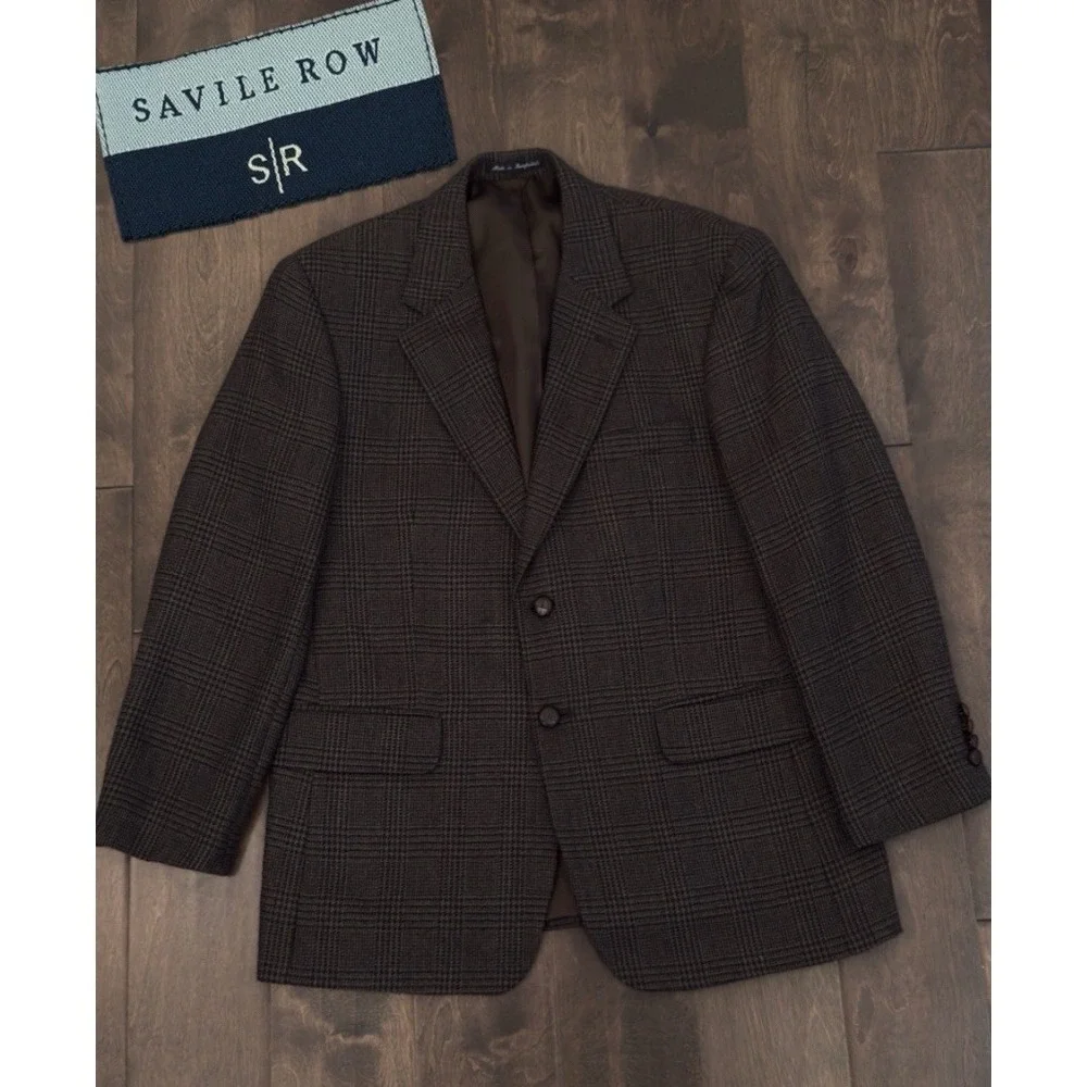 Savile Row Men's Size 40S Brown Glen Plaid Pure Wool Blazer Suit Jacket 2-Button